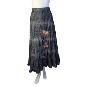Embroidered Floral Tiered Denim Maxi Skirt | Western Boho Y2K | Size Medium